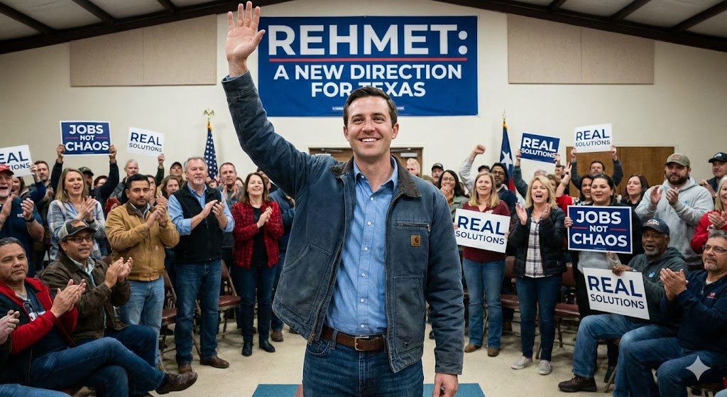 stark contrast graphic showing a union machinist standing confident against a backdrop of a storm, symbolizing Taylor Rehmet's victory over political noise.