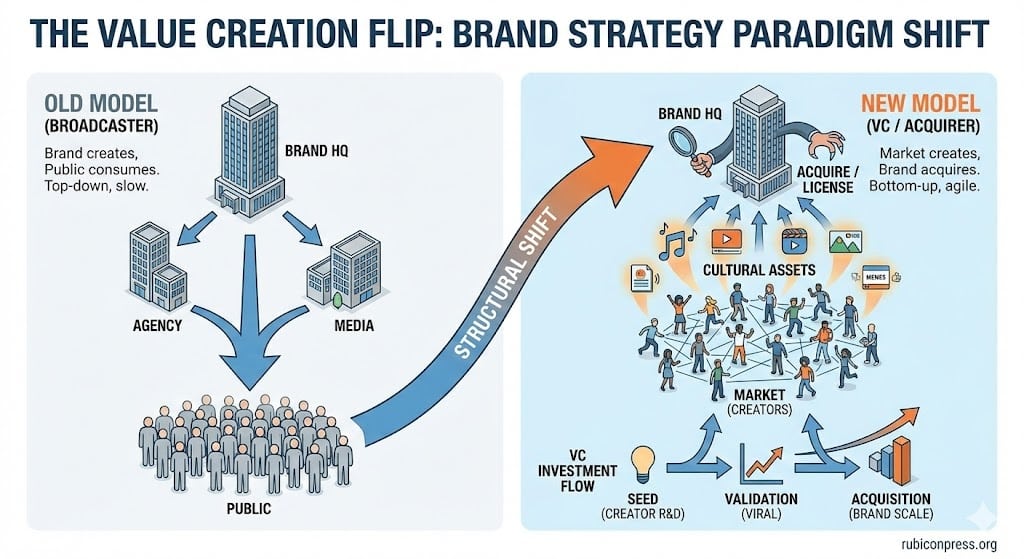 Visualizing the structural shift where the public creates the cultural asset and the brand acquires it, similar to a VC model.