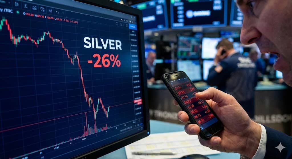 A sharp red downward chart line representing the silver market crash, juxtaposed with a calm, focused entrepreneur working.