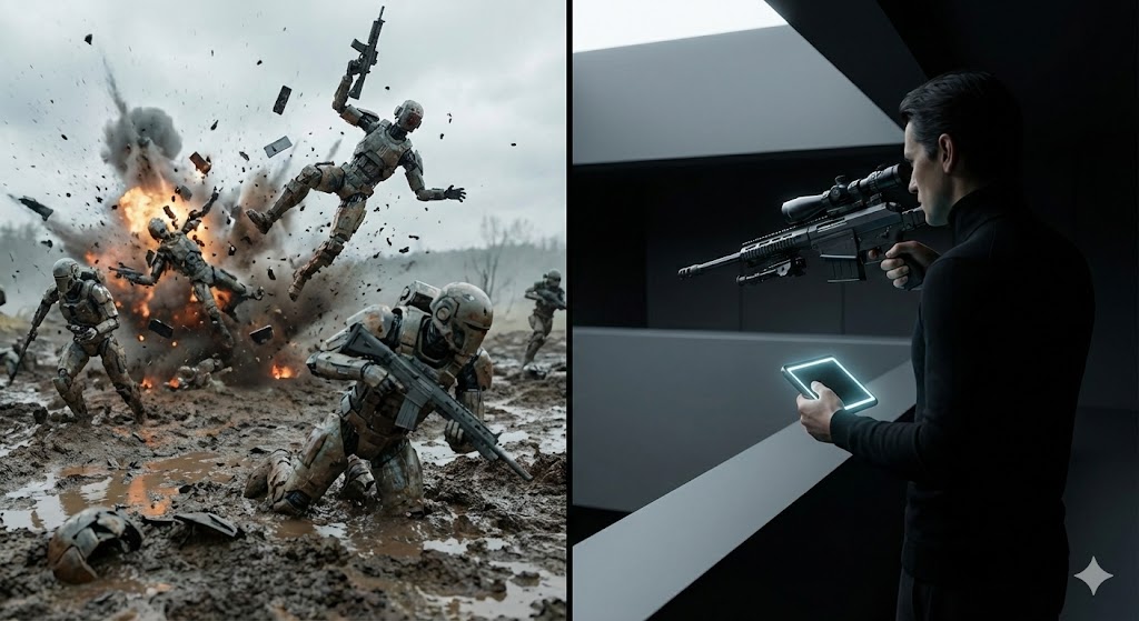 A lone sniper waiting patiently in the shadows while chaotic soldiers rush onto a battlefield, symbolizing Apple's strategic patience vs. competitor haste.